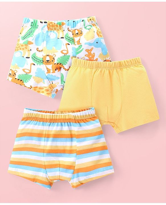Babyhug 100% Cotton Knit Trunks with Striped & Animal Print Pack of 3 - Multicolour