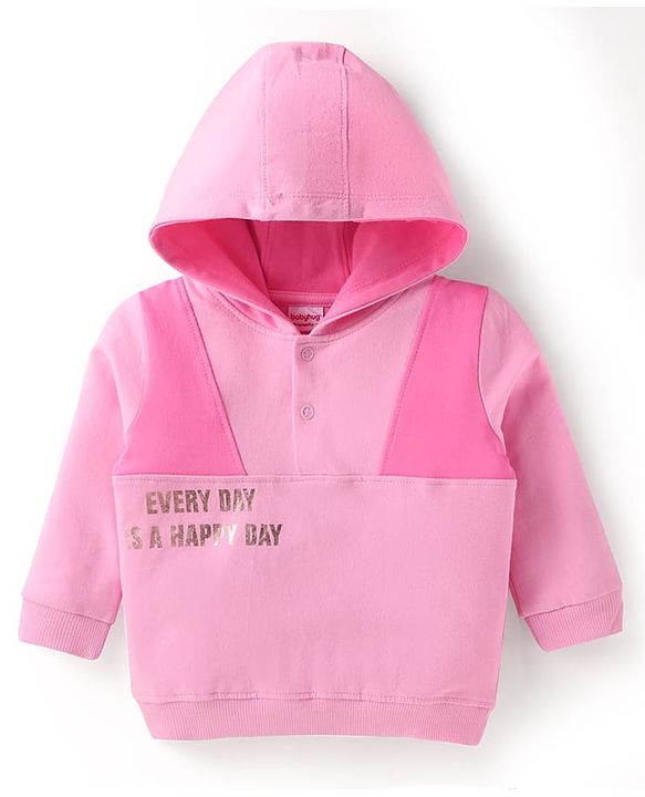 Babyhug Terry Knit Full Sleeves Cut & Sew Hooded Sweatshirt with Text Print & Joggers - Pink
