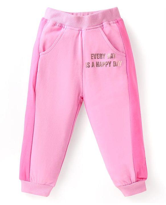 Babyhug Terry Knit Full Sleeves Cut & Sew Hooded Sweatshirt with Text Print & Joggers - Pink