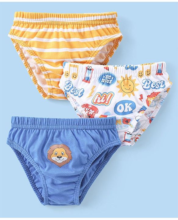 Babyhug Single Jersey Cotton Knit Briefs With Stripes & Lion Print Pack Of 3 - Blue White & Yellow