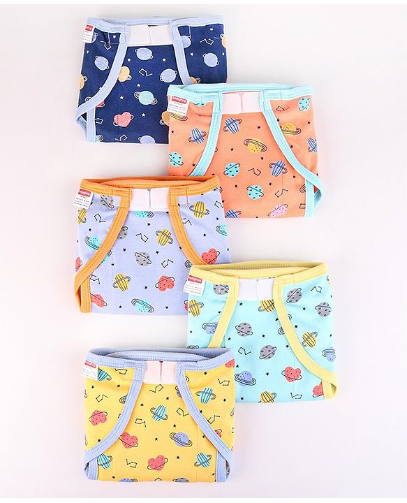 Babyhug Interlock Dyed Velcro Cloth Nappies Solar Printed Small Pack of 5 - Multicolor