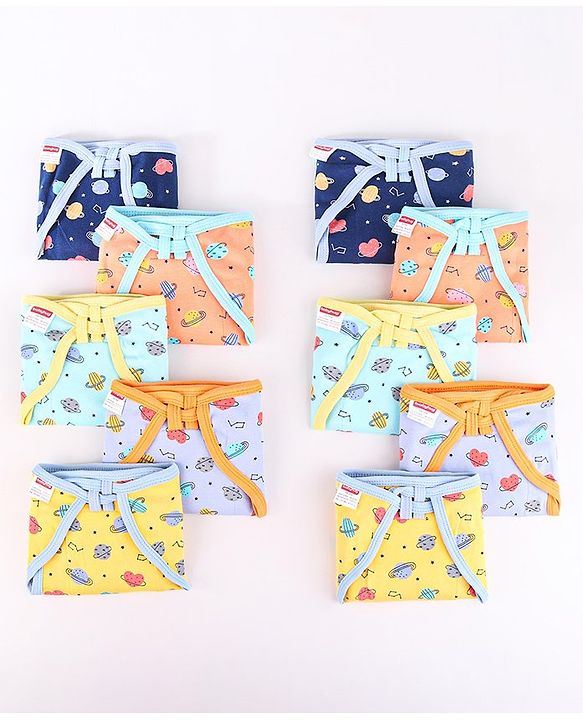 Babyhug Interlock Dyed U Shape Cloth Nappies Solar Print New Born Pack of 10-Multicolor