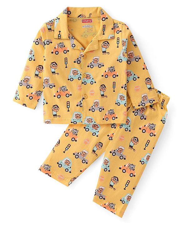 Babyhug Cotton Knit Full Sleeves Collar Neck Front Open Night Suit with Vehicles & Animal Print - Yellow