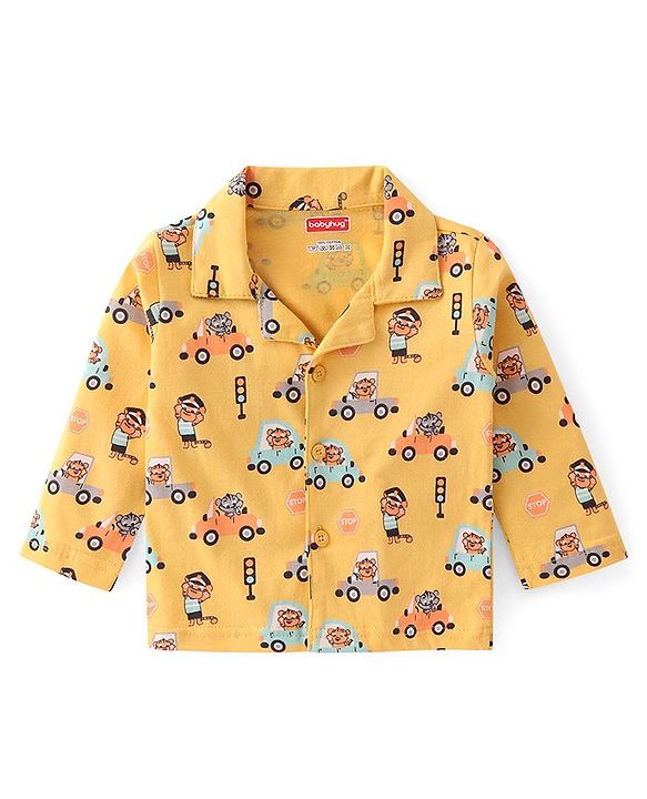 Babyhug Cotton Knit Full Sleeves Collar Neck Front Open Night Suit with Vehicles & Animal Print - Yellow