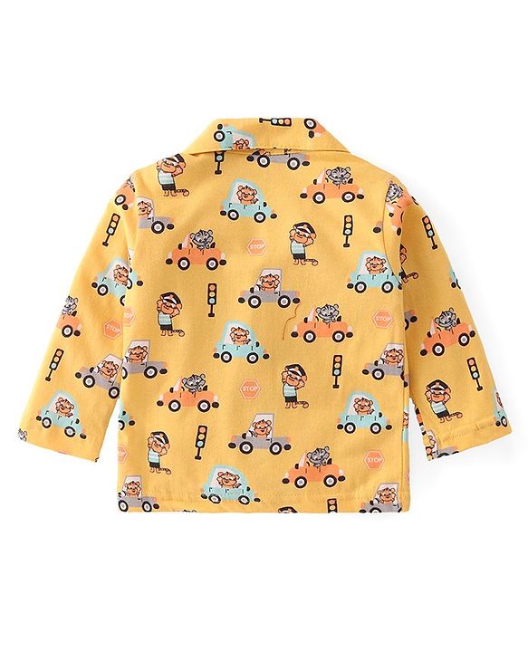 Babyhug Cotton Knit Full Sleeves Collar Neck Front Open Night Suit with Vehicles & Animal Print - Yellow
