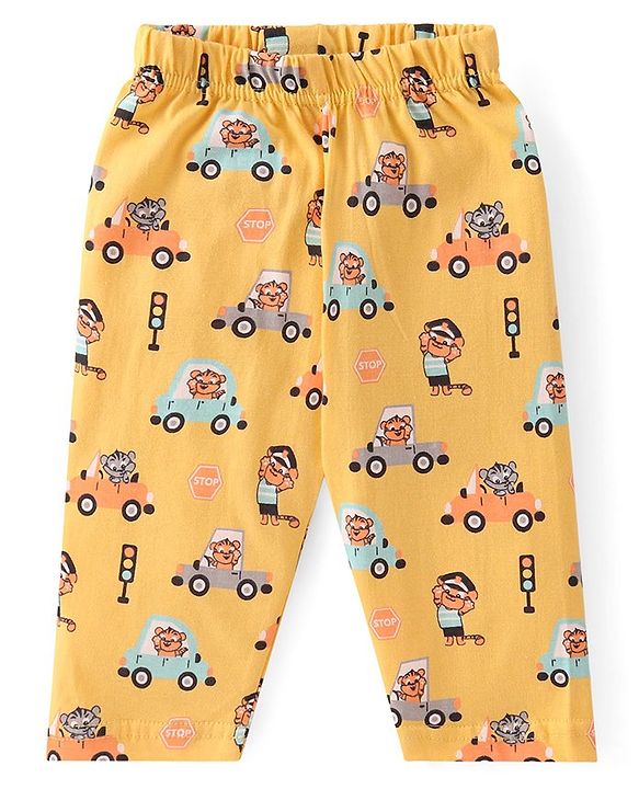 Babyhug Cotton Knit Full Sleeves Collar Neck Front Open Night Suit with Vehicles & Animal Print - Yellow