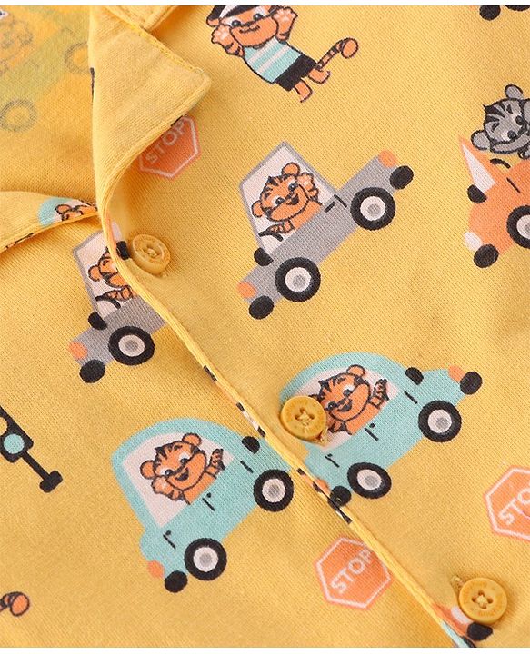 Babyhug Cotton Knit Full Sleeves Collar Neck Front Open Night Suit with Vehicles & Animal Print - Yellow