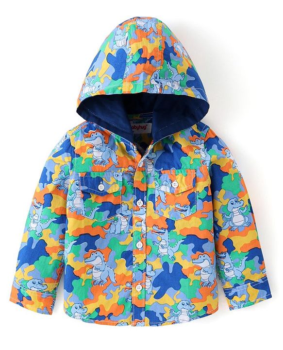 Babyhug Cotton Woven Full Sleeves Hooded Shirt with Dino Print - Multicolour