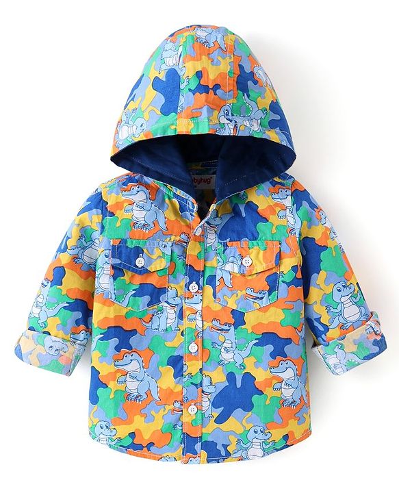Babyhug Cotton Woven Full Sleeves Hooded Shirt with Dino Print - Multicolour