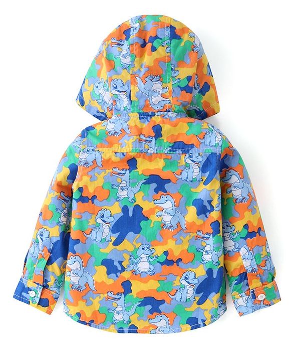 Babyhug Cotton Woven Full Sleeves Hooded Shirt with Dino Print - Multicolour