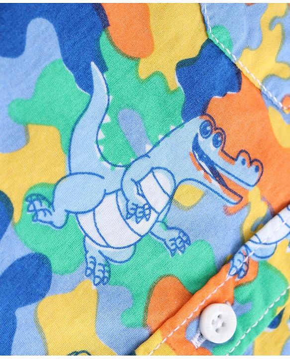 Babyhug Cotton Woven Full Sleeves Hooded Shirt with Dino Print - Multicolour