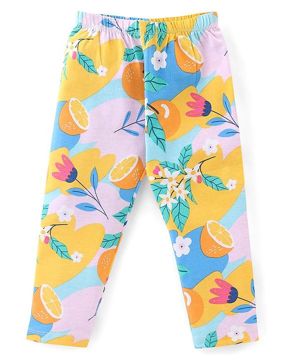 Babyhug Cotton Lycra Knit Full Length Stretchable Leggings with Floral Print - Multicolour