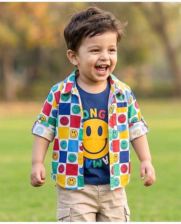 Babyhug Cotton Knit Full Sleeves Smiley Printed Shirt with T-Shirt - Navy Blue White & Yellow