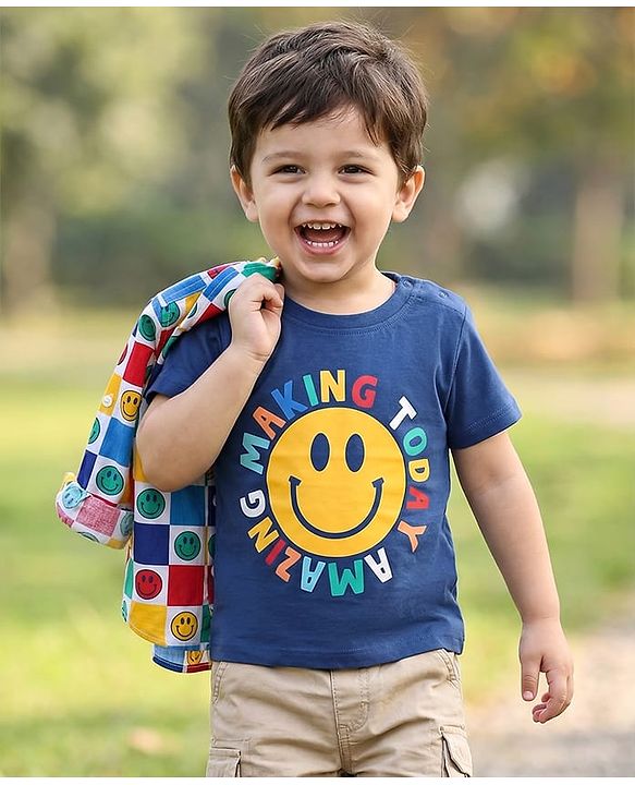 Babyhug Cotton Knit Full Sleeves Smiley Printed Shirt with T-Shirt - Navy Blue White & Yellow