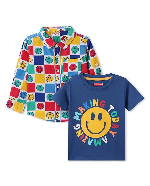 Babyhug Cotton Knit Full Sleeves Smiley Printed Shirt with T-Shirt - Navy Blue White & Yellow