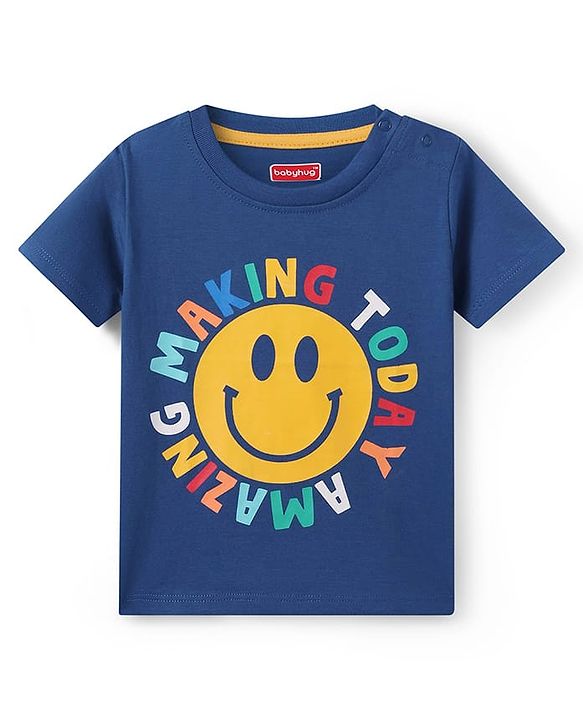 Babyhug Cotton Knit Full Sleeves Smiley Printed Shirt with T-Shirt - Navy Blue White & Yellow