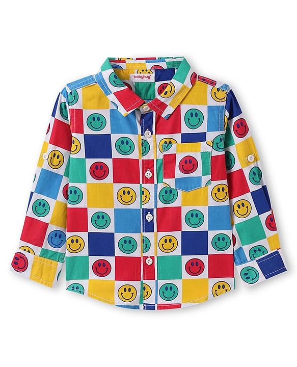 Babyhug Cotton Knit Full Sleeves Smiley Printed Shirt with T-Shirt - Navy Blue White & Yellow