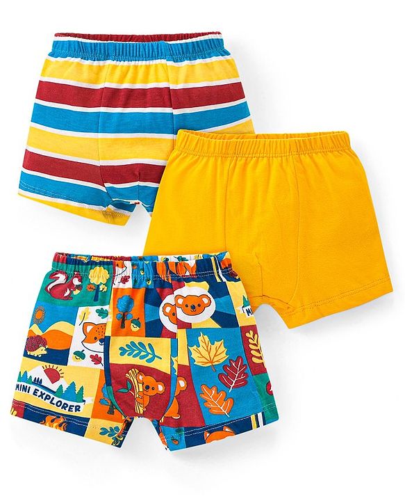 Babyhug 100% Cotton Knit Trunks with Stripes & Koala Print Pack of 3 - Blue & Yellow