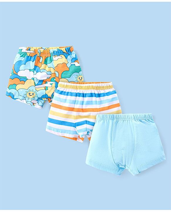 Babyhug 100% Cotton Trunks Solid Striped & Clouds Print Pack of 3 - Blue