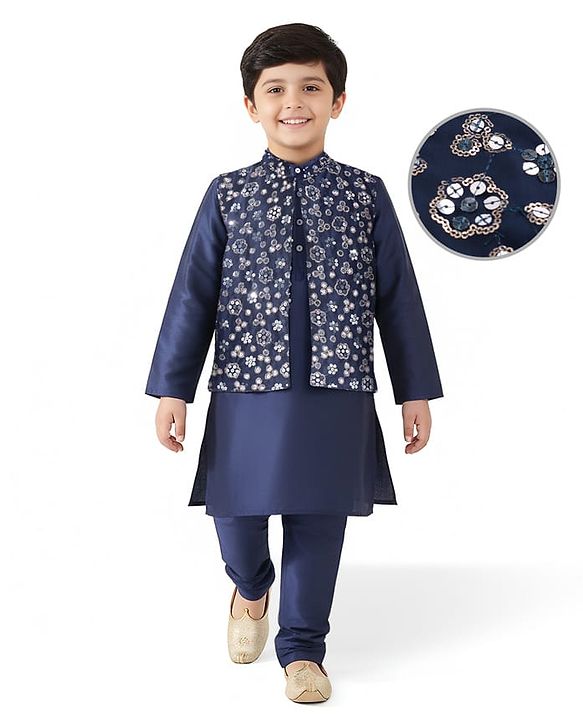 Pine Kids Woven Full Sleeves Solid Color Kurta Pajama Set With Floral Sequinned Jacket  - Navy Blue