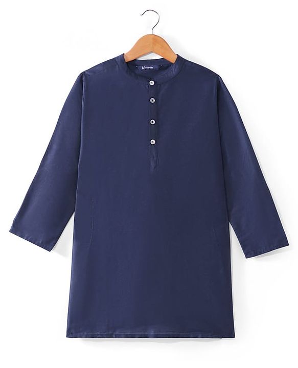 Pine Kids Woven Full Sleeves Solid Color Kurta Pajama Set With Floral Sequinned Jacket  - Navy Blue