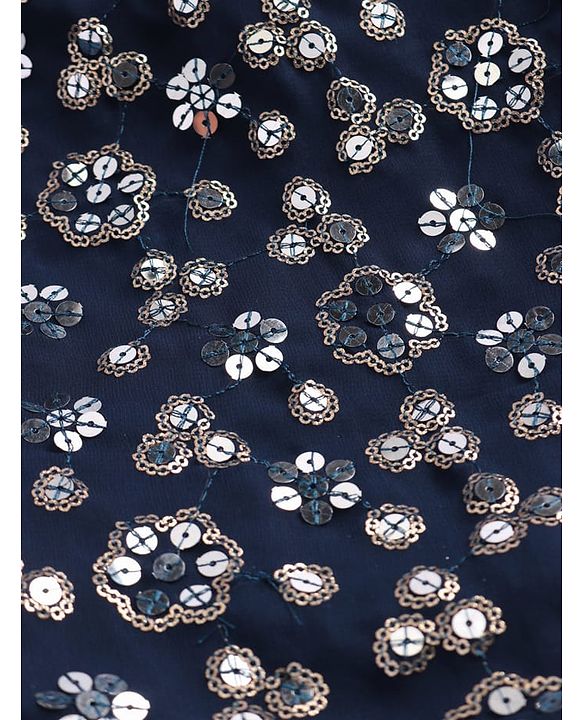 Pine Kids Woven Full Sleeves Solid Color Kurta Pajama Set With Floral Sequinned Jacket  - Navy Blue