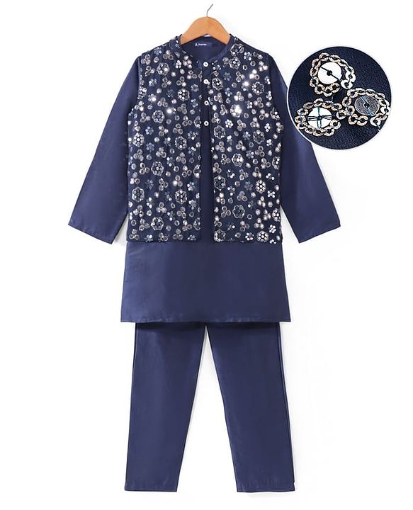 Pine Kids Woven Full Sleeves Solid Color Kurta Pajama Set With Floral Sequinned Jacket  - Navy Blue