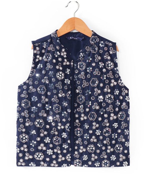 Pine Kids Woven Full Sleeves Solid Color Kurta Pajama Set With Floral Sequinned Jacket  - Navy Blue