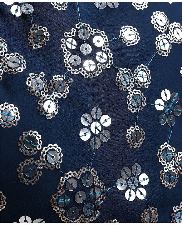 Pine Kids Woven Sleeveless Floral Sequined Choli Lehenga Set With Dupatta - Navy Blue