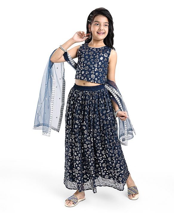 Pine Kids Woven Sleeveless Floral Sequined Choli Lehenga Set With Dupatta - Navy Blue