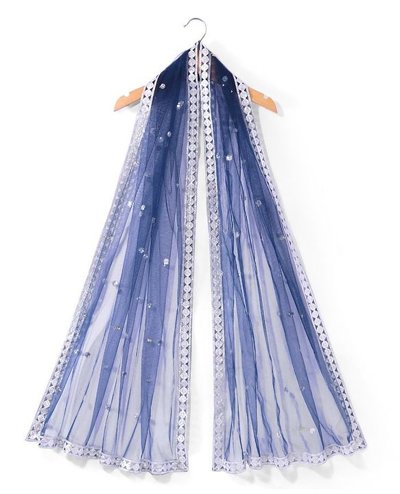Pine Kids Woven Sleeveless Floral Sequined Choli Lehenga Set With Dupatta - Navy Blue
