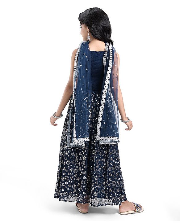 Pine Kids Woven Sleeveless Floral Sequined Choli Lehenga Set With Dupatta - Navy Blue