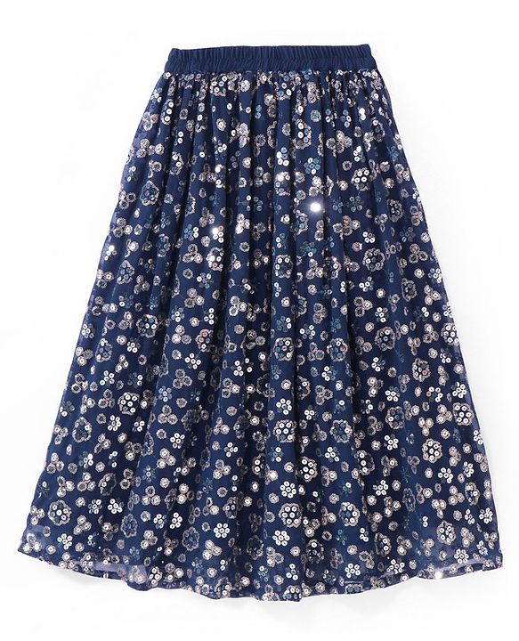 Pine Kids Woven Sleeveless Floral Sequined Choli Lehenga Set With Dupatta - Navy Blue