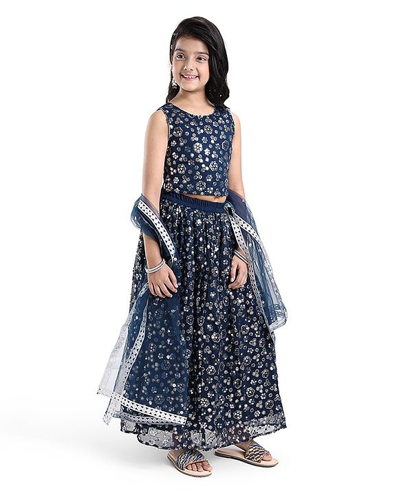 Pine Kids Woven Sleeveless Floral Sequined Choli Lehenga Set With Dupatta - Navy Blue