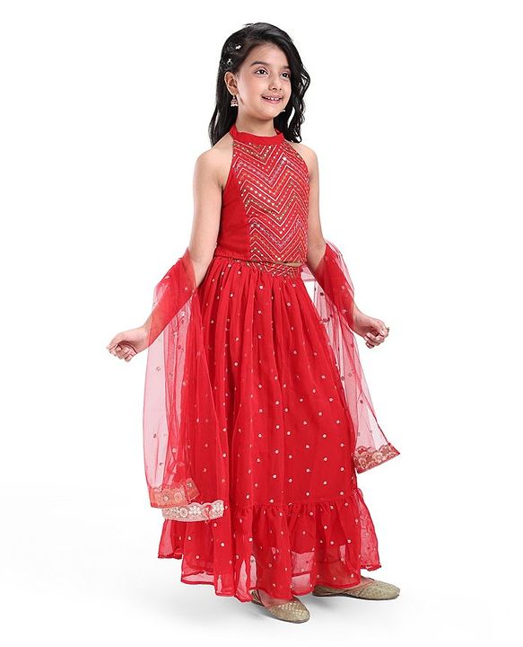 Pine Kids Woven Sleeveless Sequined & Embroidered Choli Lehenga Set with Dupatta - Red