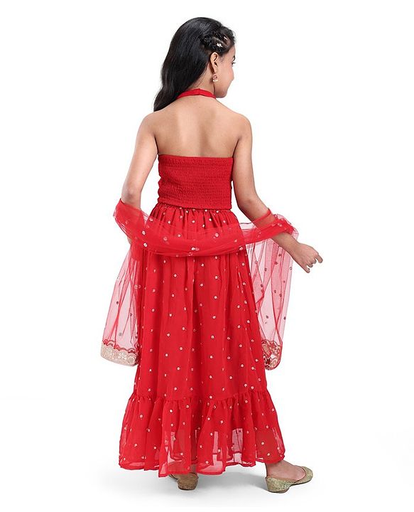 Pine Kids Woven Sleeveless Sequined & Embroidered Choli Lehenga Set with Dupatta - Red