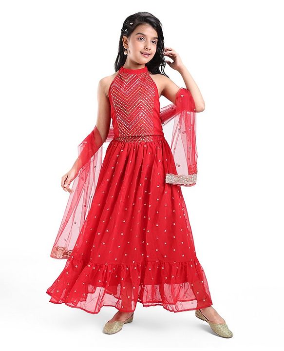 Pine Kids Woven Sleeveless Sequined & Embroidered Choli Lehenga Set with Dupatta - Red