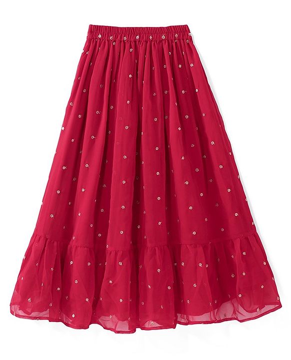 Pine Kids Woven Sleeveless Sequined & Embroidered Choli Lehenga Set with Dupatta - Red