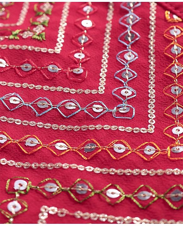 Pine Kids Woven Sleeveless Sequined & Embroidered Choli Lehenga Set with Dupatta - Red