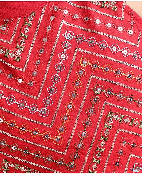 Pine Kids Woven Sleeveless Sequined & Embroidered Choli Lehenga Set with Dupatta - Red