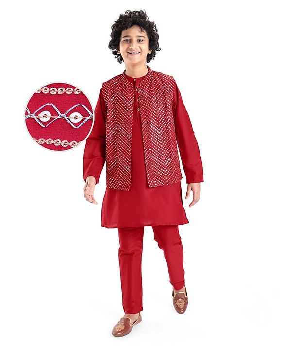 Pine Kids Woven Full Sleeves Solid Color Kurta Pajama Set With Sequinned Detailing Jacket  - Red
