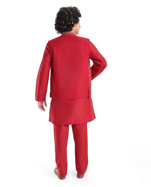 Pine Kids Woven Full Sleeves Solid Color Kurta Pajama Set With Sequinned Detailing Jacket  - Red