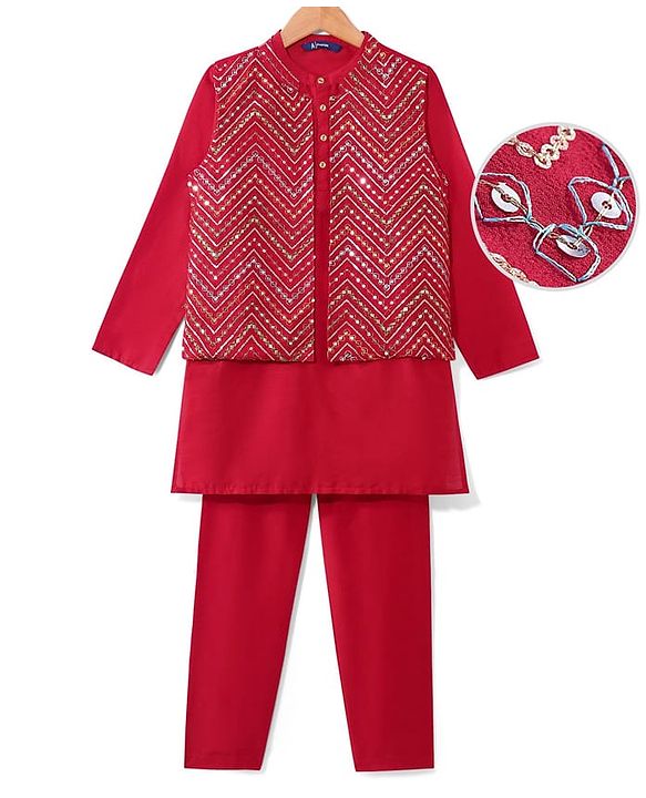 Pine Kids Woven Full Sleeves Solid Color Kurta Pajama Set With Sequinned Detailing Jacket  - Red