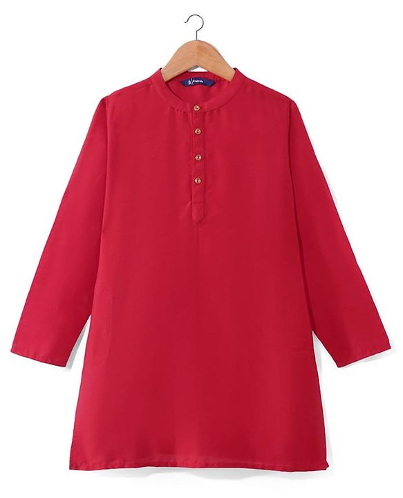 Pine Kids Woven Full Sleeves Solid Color Kurta Pajama Set With Sequinned Detailing Jacket  - Red