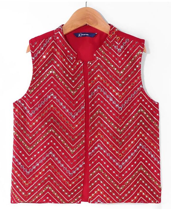 Pine Kids Woven Full Sleeves Solid Color Kurta Pajama Set With Sequinned Detailing Jacket  - Red