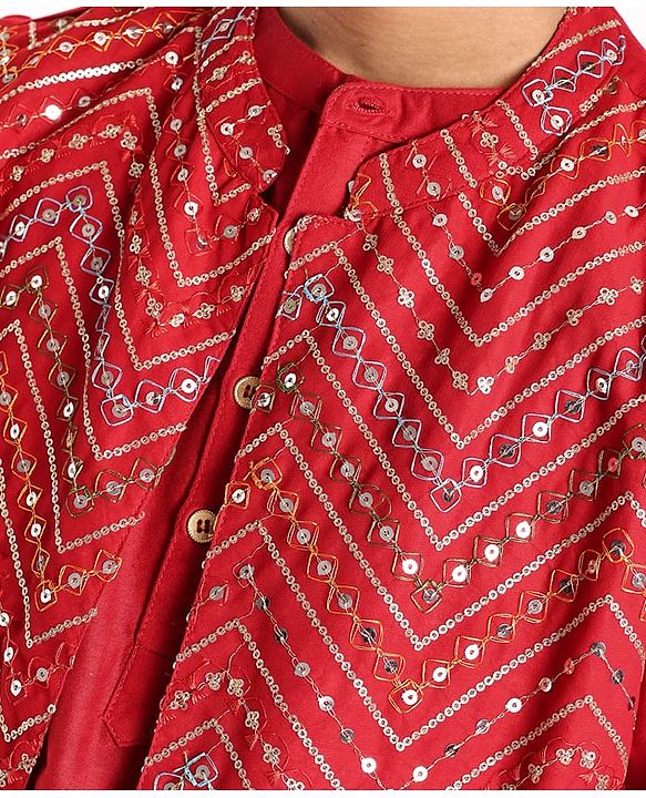 Pine Kids Woven Full Sleeves Solid Color Kurta Pajama Set With Sequinned Detailing Jacket  - Red