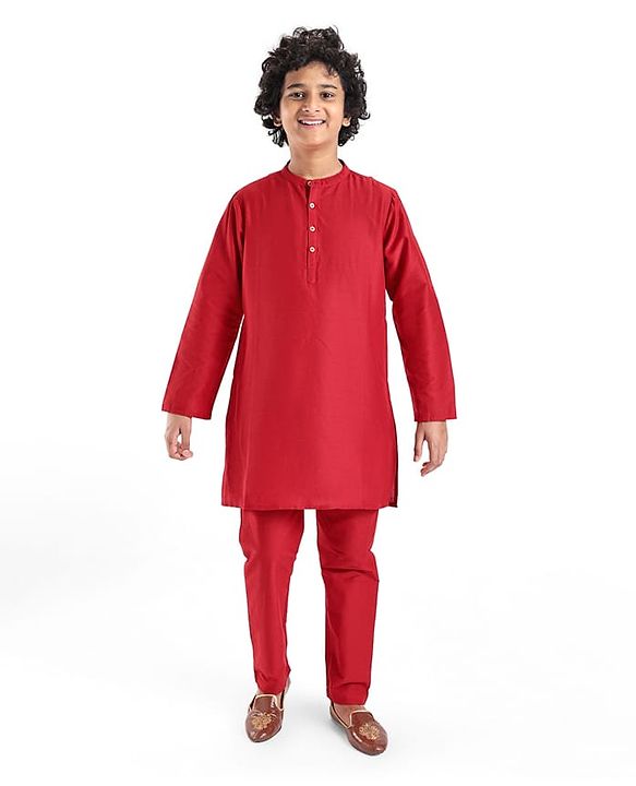 Pine Kids Woven Full Sleeves Solid Color Kurta Pajama Set With Sequinned Detailing Jacket  - Red
