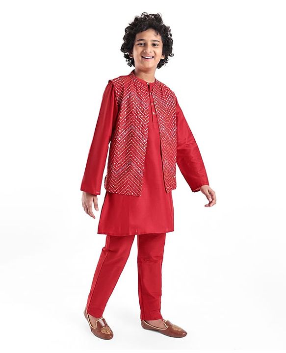 Pine Kids Woven Full Sleeves Solid Color Kurta Pajama Set With Sequinned Detailing Jacket  - Red