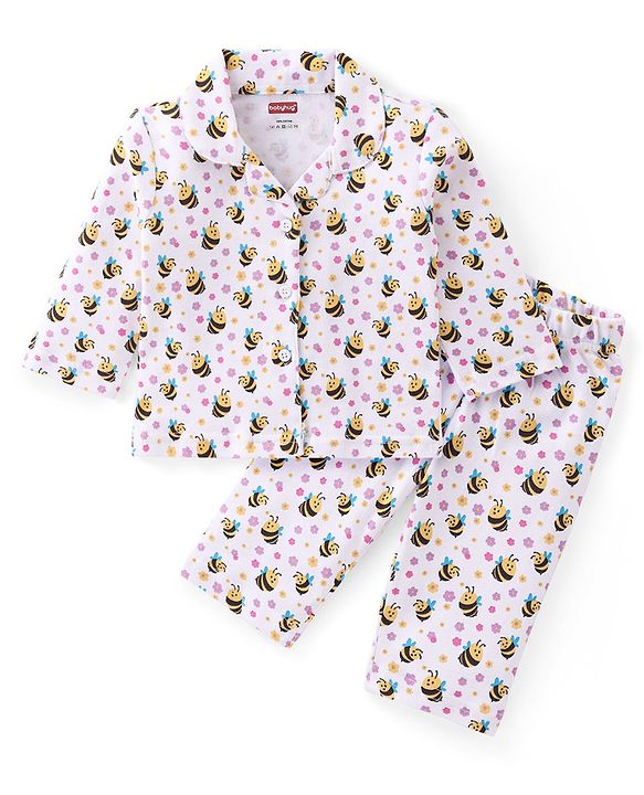 Babyhug Cotton Knit Full Sleeves Collar Neck Front Open Night Suit with Bee & Floral Print - White