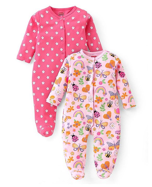 Babyhug Cotton Knit Full Sleeves Sleep Suits With Floral & Butterfly Print Pack Of 2 - Pink & Light Pink